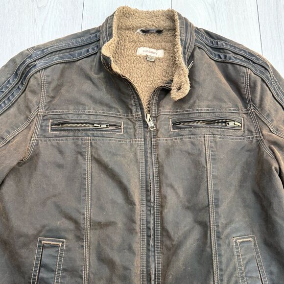 Sundance Men's Bomber Biker Jacket Brown Faux Fur Leather Trim Zip Front Size M - Picture 4 of 10